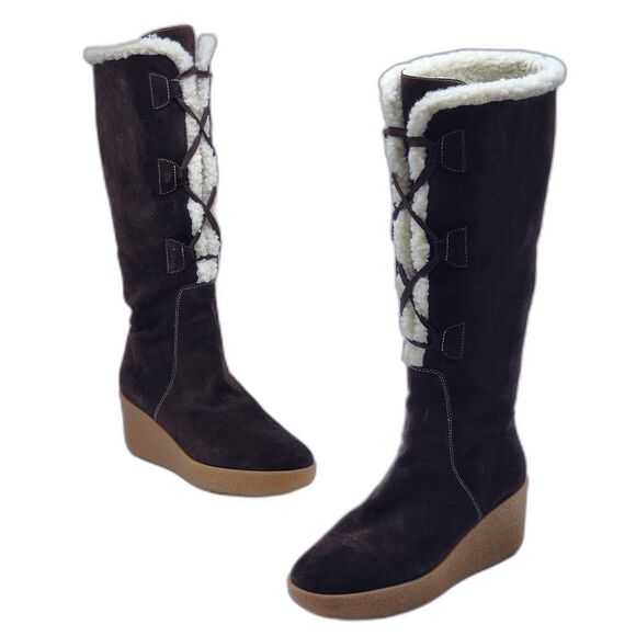 Michael Kors Sherpa Lace Up Wedge Brown Boots Size 10 - Picture 1 of 6